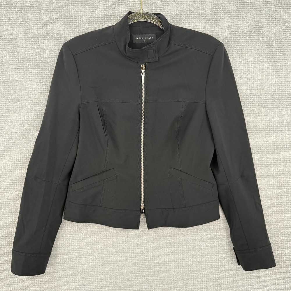Karen Millen Jacket Womens 14 Black Moto Zip Front Stand Collar Lined Stretch‎